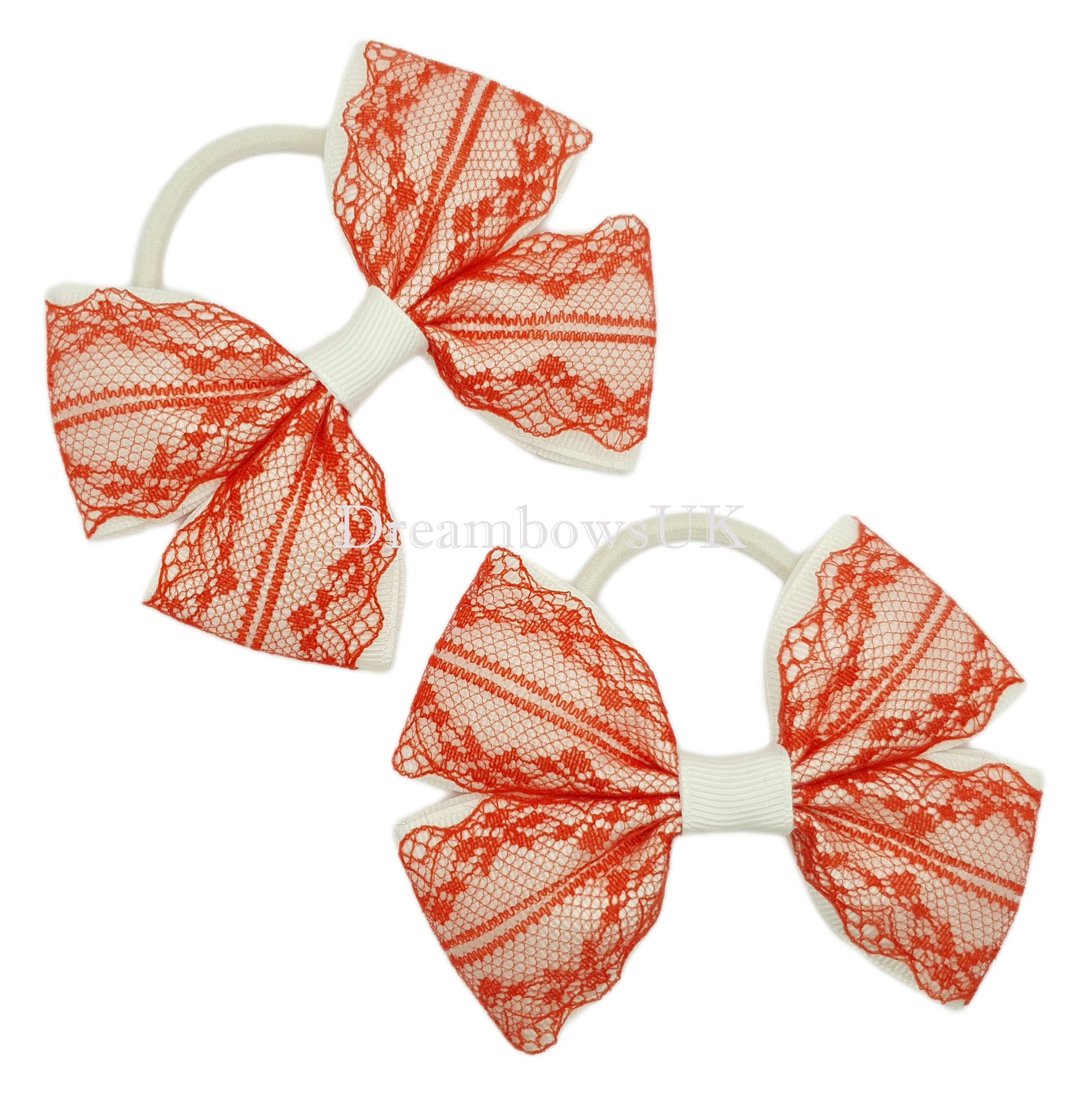 Red and White Lace Hair Bows on Thick Bobbles – Grosgrain Ribbon & Lace, One-of-a-Kind