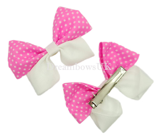 Hot Pink and White Polka Dot Hair Bows on Alligator Clips – Pair (8cm x 6cm)