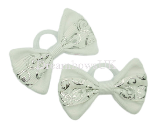 White and Silver Novelty Design Hair Bows on Polyester Bobbles – Pair (6cm x 4cm)