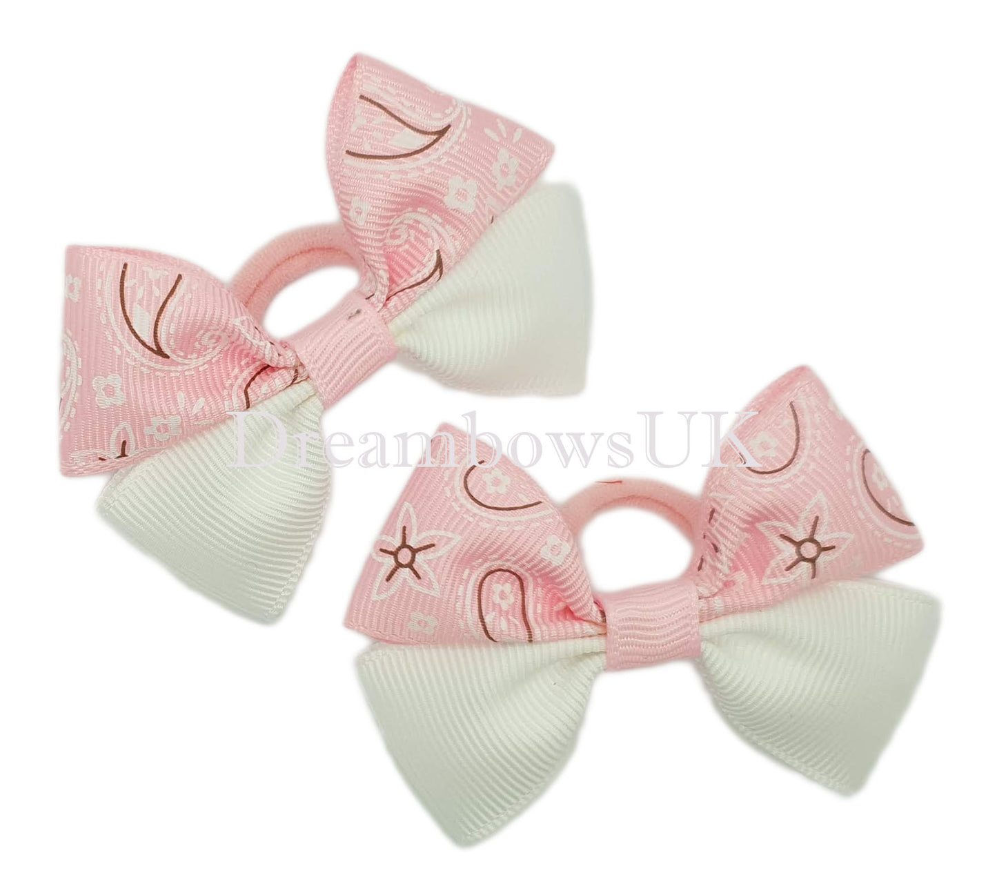 Baby Pink and White Paisley Design Hair Bows on Soft Polyester Bobbles – Pair (6cm x 4cm)