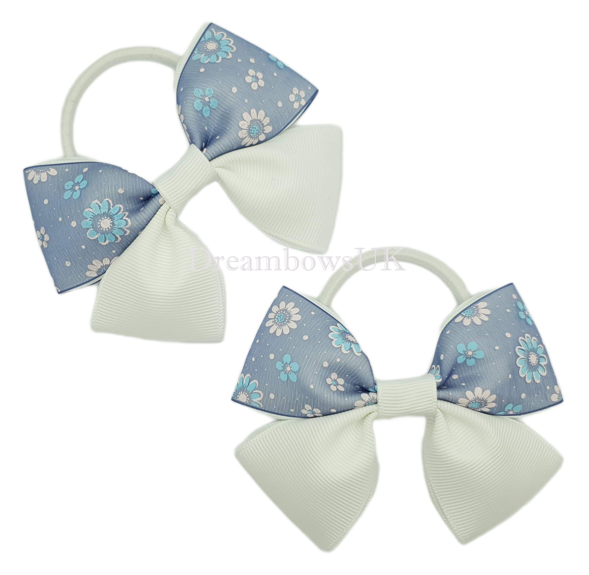 White and Navy Blue Floral Hair Bows on Thick Bobbles – Pair (10cm x 7cm)