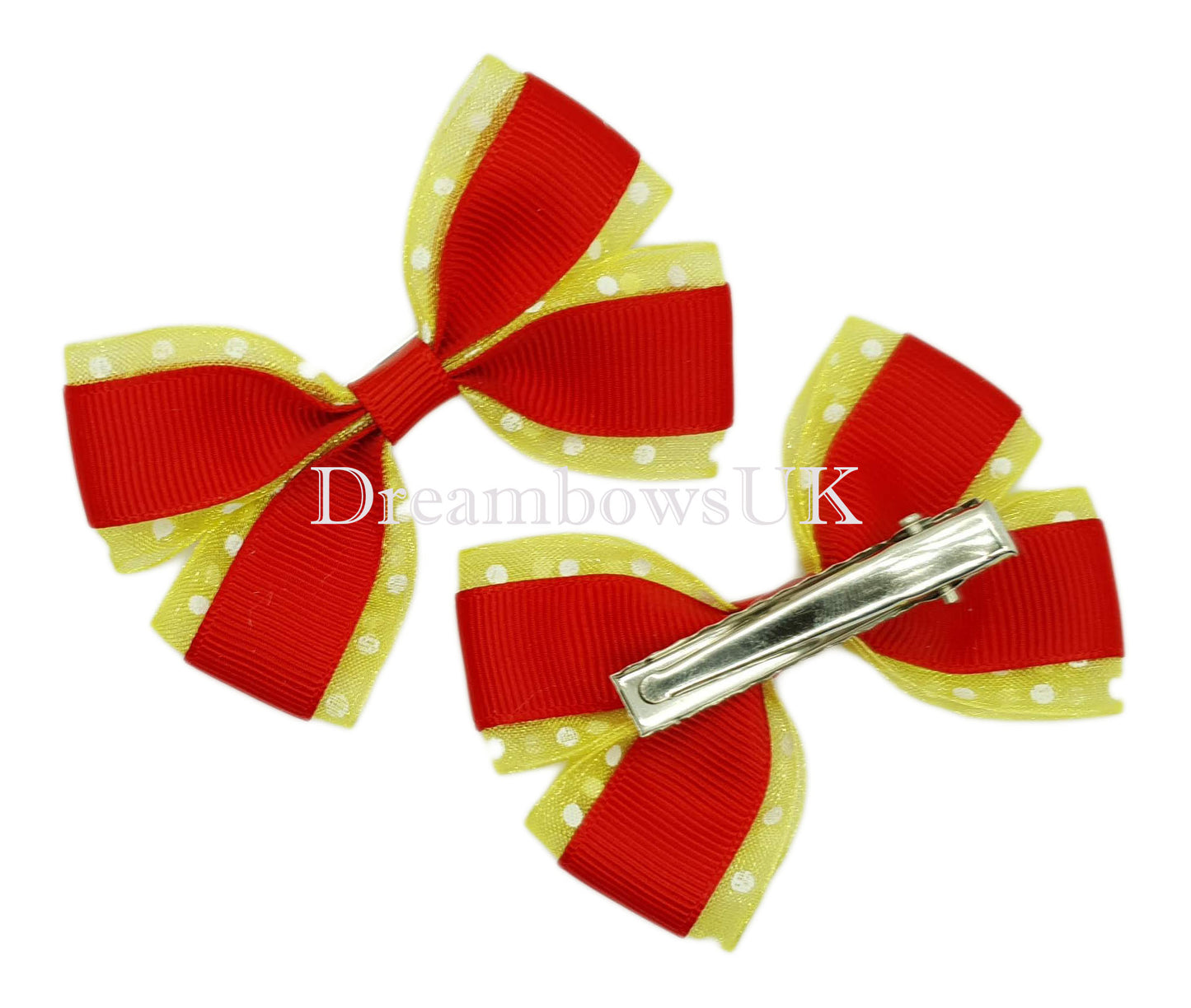 Red and Yellow Polka Dot Hair Bows on Alligator Clips – Pair (7cm x 5cm)