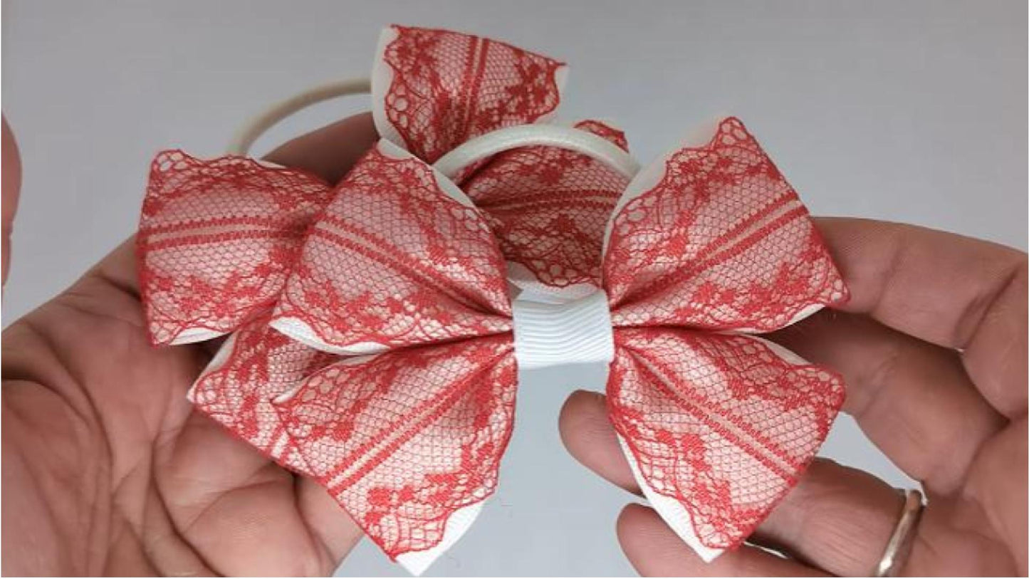 Red and White Lace Hair Bows on Thick Bobbles – Perfect for Matching Outfits or School Uniforms