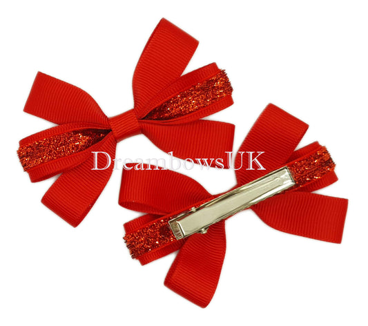 Red Glitter Hair Bows on Alligator Clips – Pair (7cm x 5cm)