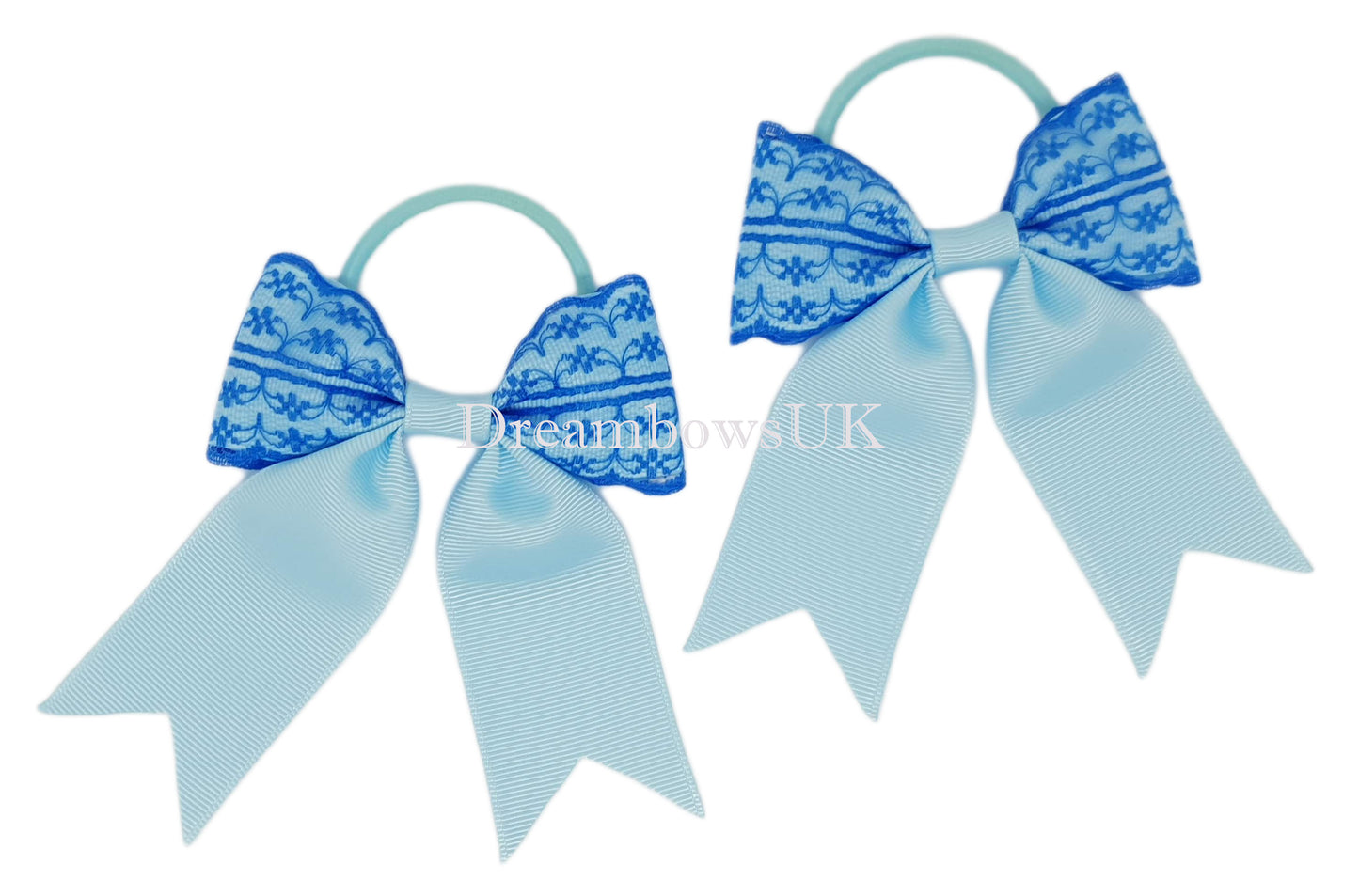 Baby Blue and Royal Blue Lace Hair Bows on Thick Bobbles – Pair (10cm x 10cm)