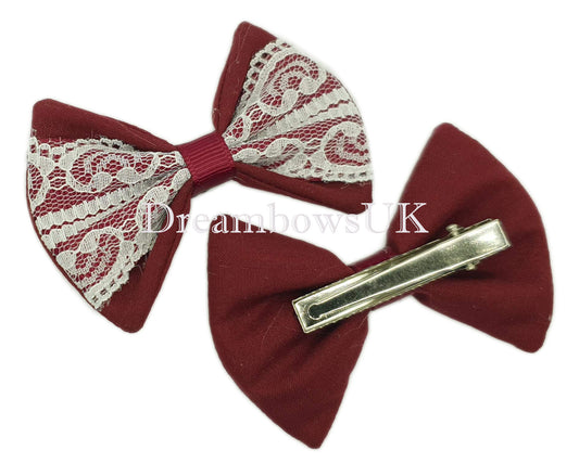 Burgundy and White Lace Hair Bows on Alligator Clips – Pair (7cm x 5cm)