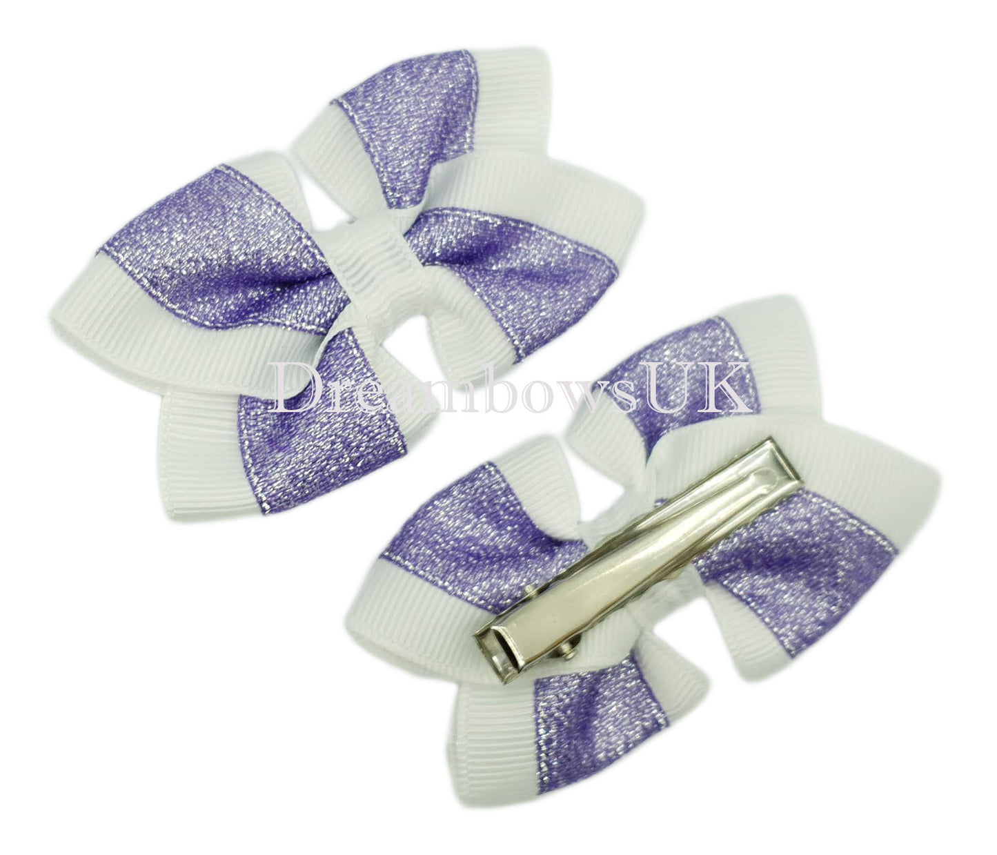 White and Purple Glitter Hair Bows on Alligator Clips – Pair (7cm x 5cm)