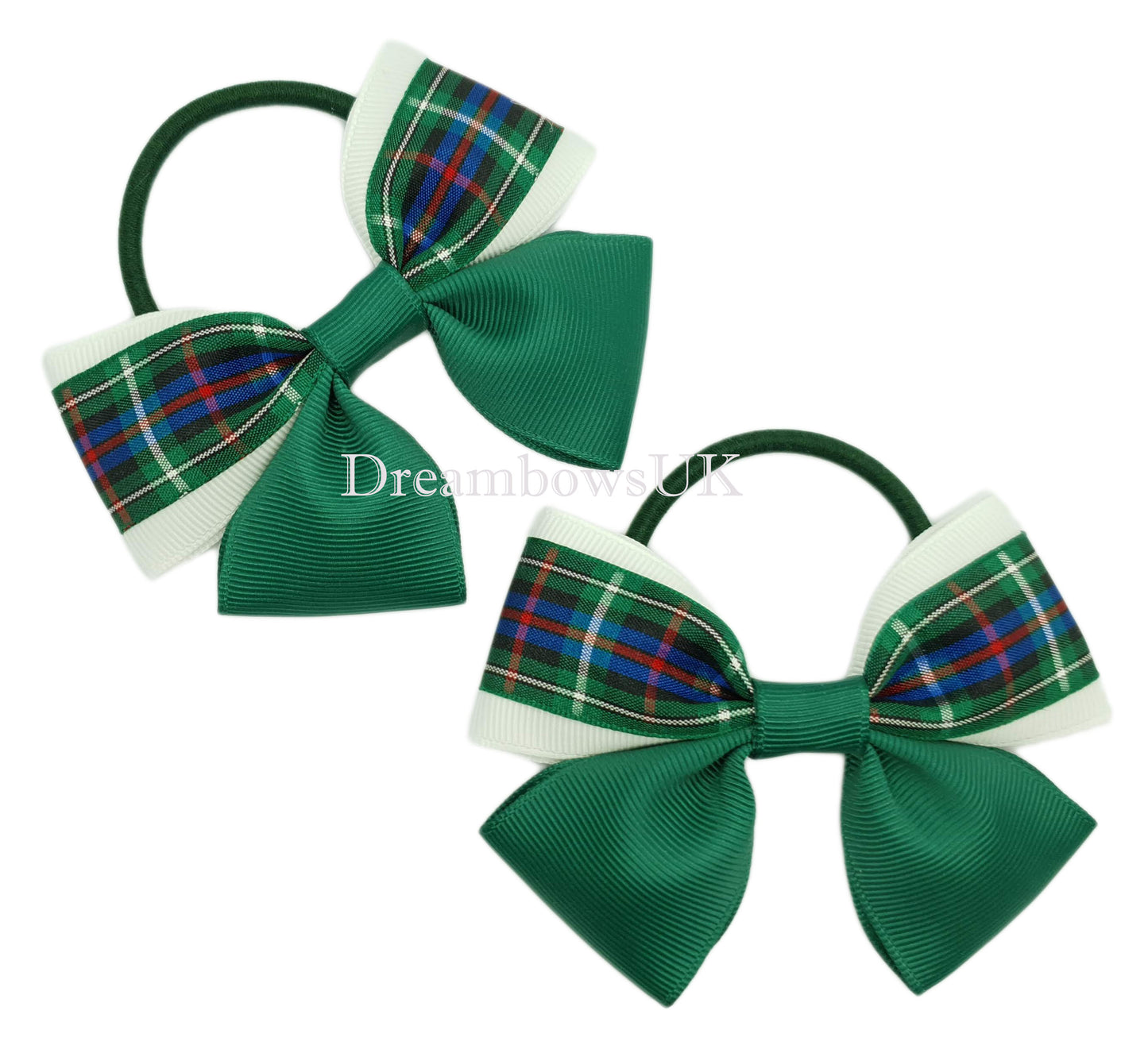 Bottle Green Rose Tartan Hair Bows on Thick Bobbles – Pair (10cm x 7cm)