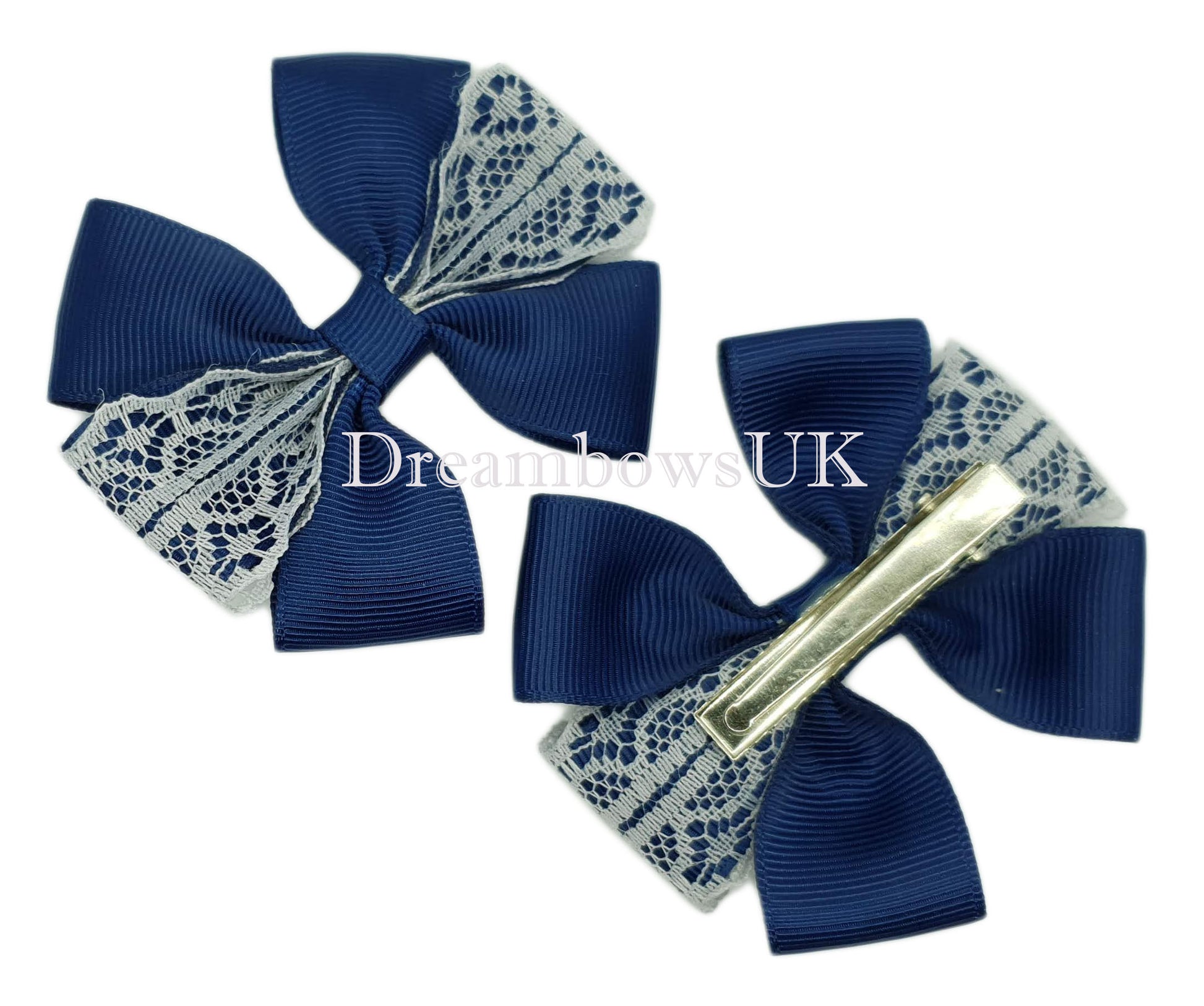 Navy Blue and Grey Lace Hair Bows on Alligator Clips – Pair (7cm x 5cm)