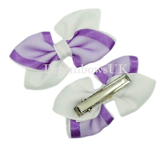 White and Purple Organza Hair Bows on Alligator Clips – Pair (7cm x 5cm)