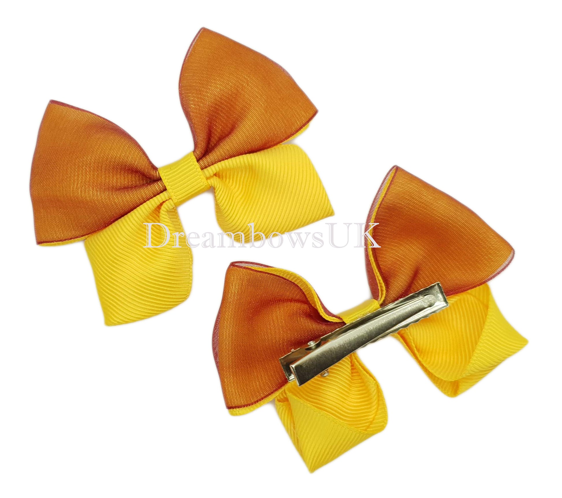 Golden Yellow and Burgundy Organza Hair Bows on Alligator Clips – Pair (8cm x 6cm)