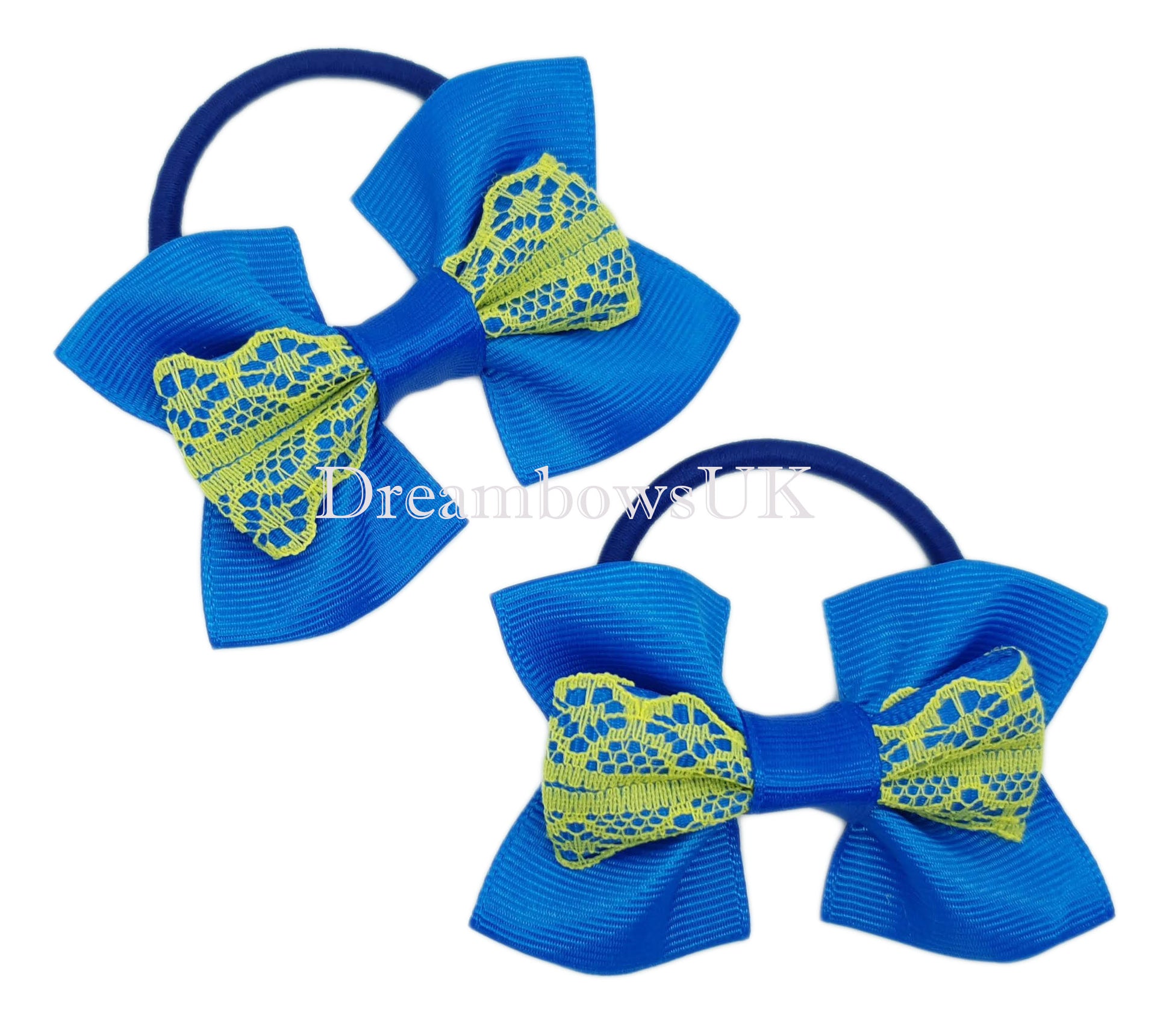 Royal Blue and Yellow Hair Bows on Thick Bobbles – Pair (9cm x 6cm)