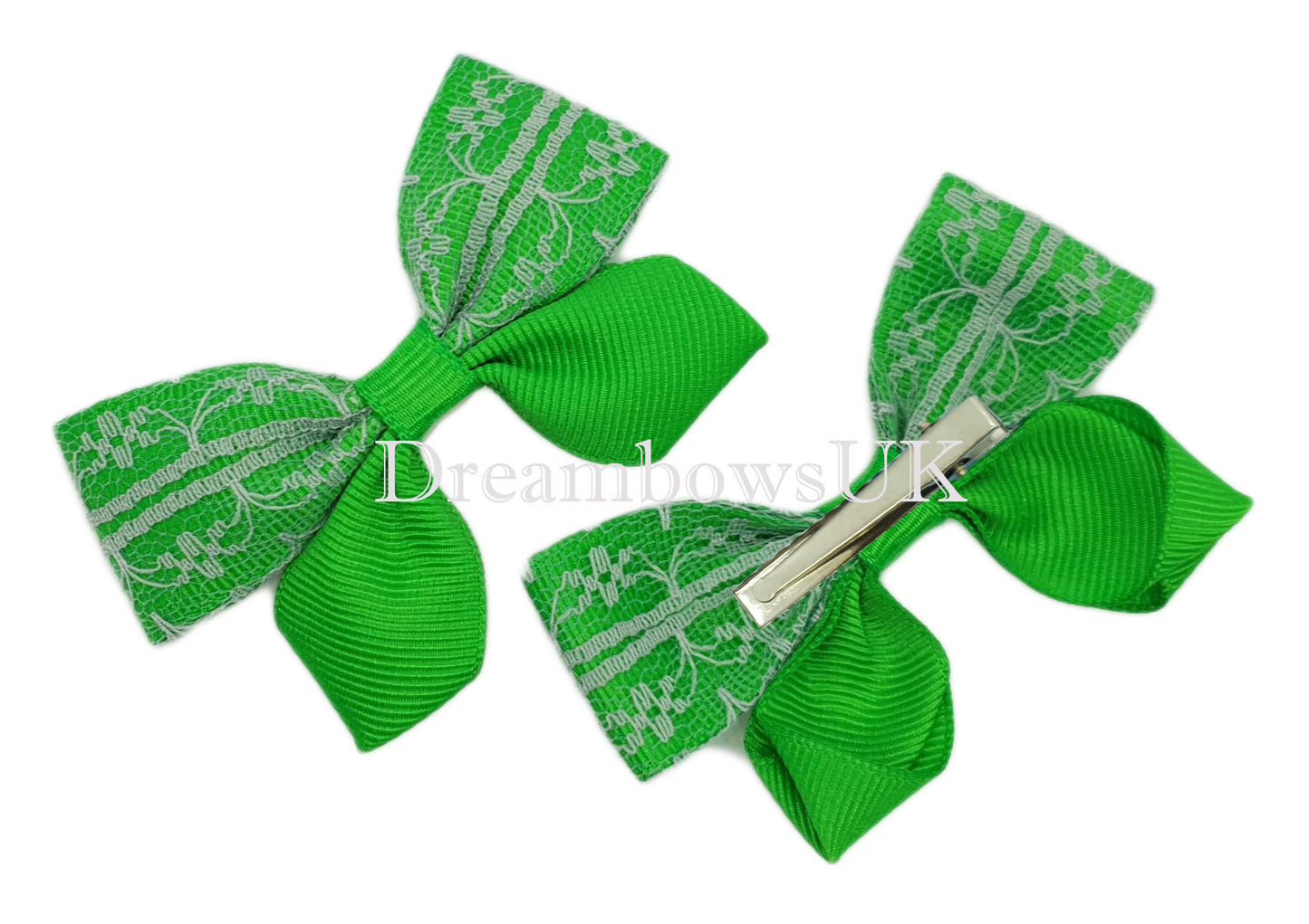 Emerald Green and Grey Lace Hair Bows on Alligator Clips – Pair (7cm x 5cm)