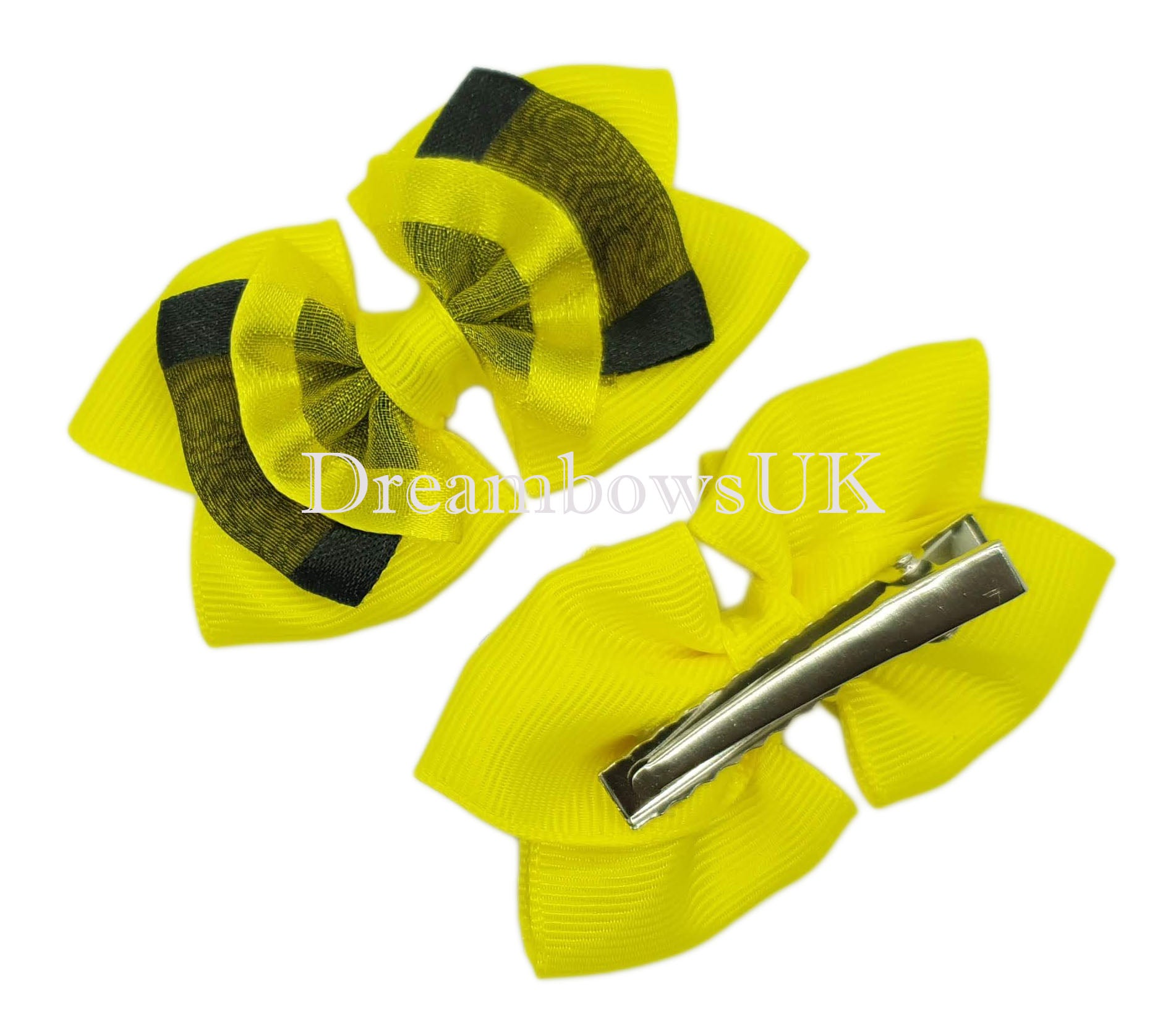 Yellow and Black Organza Hair Bows on Alligator Clips – Pair (7cm x 5cm)

