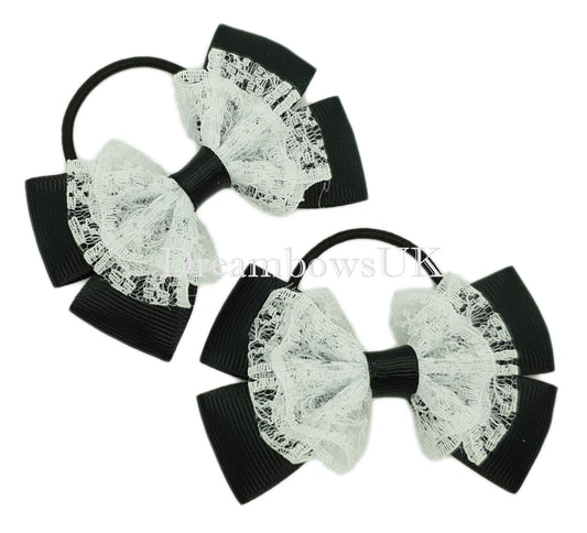 Black and white hair bows, lace hair bows, thin hair bobbles