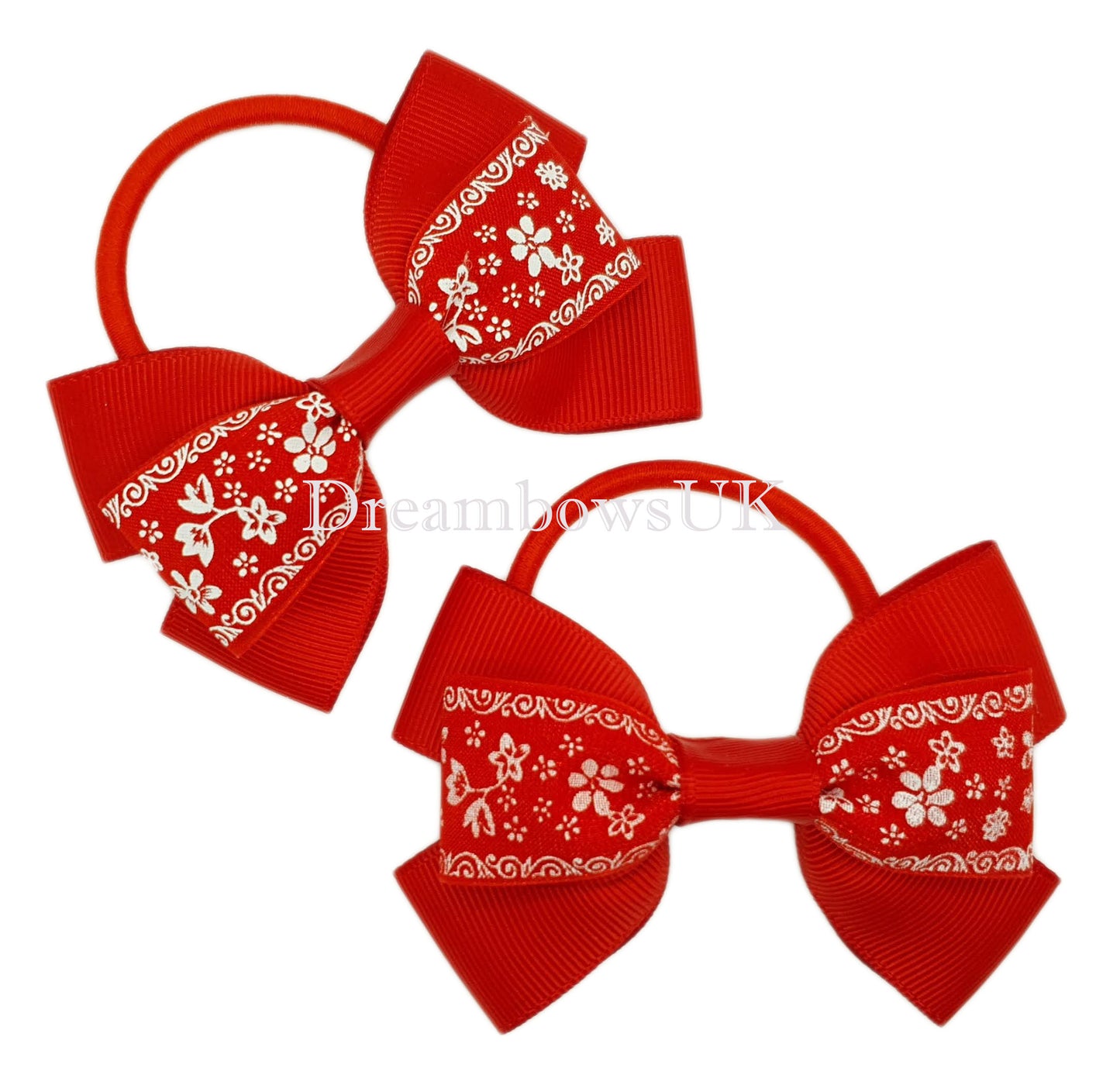 Red floral hair bows on thick bobbles