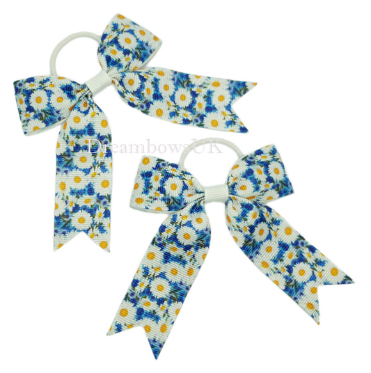 Blue and white floral hair bows, thin hair bobbles