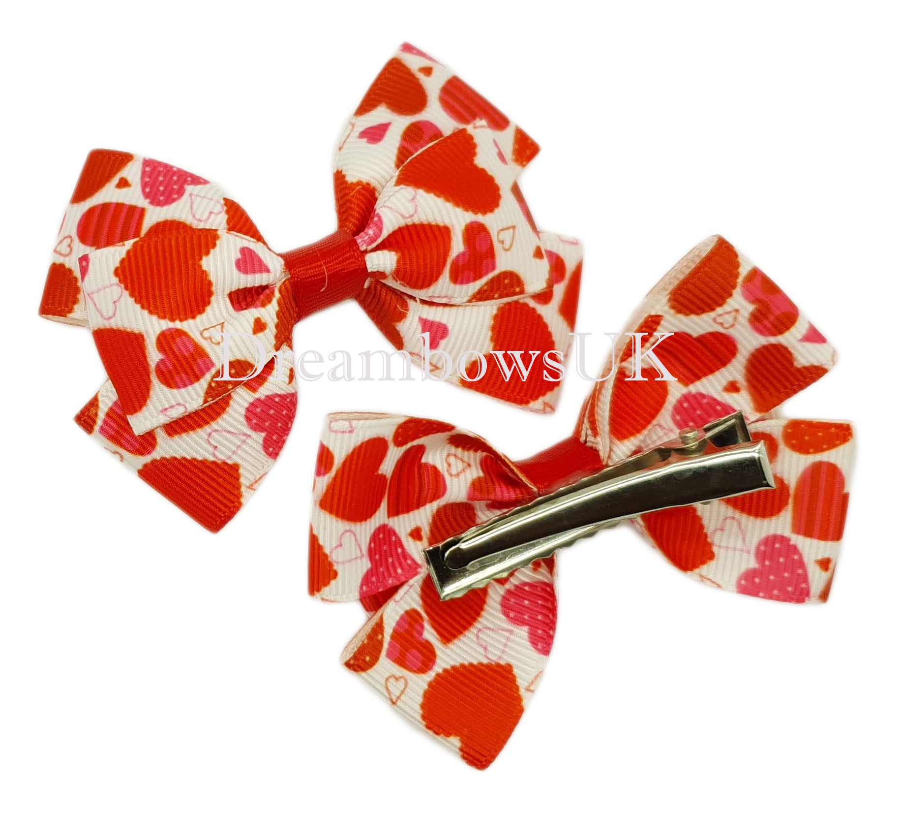 Red and White Hearts Hair Bows on Alligator Clips