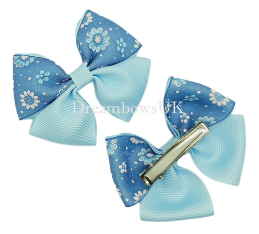 Blue floral hair bows, crocodile clips