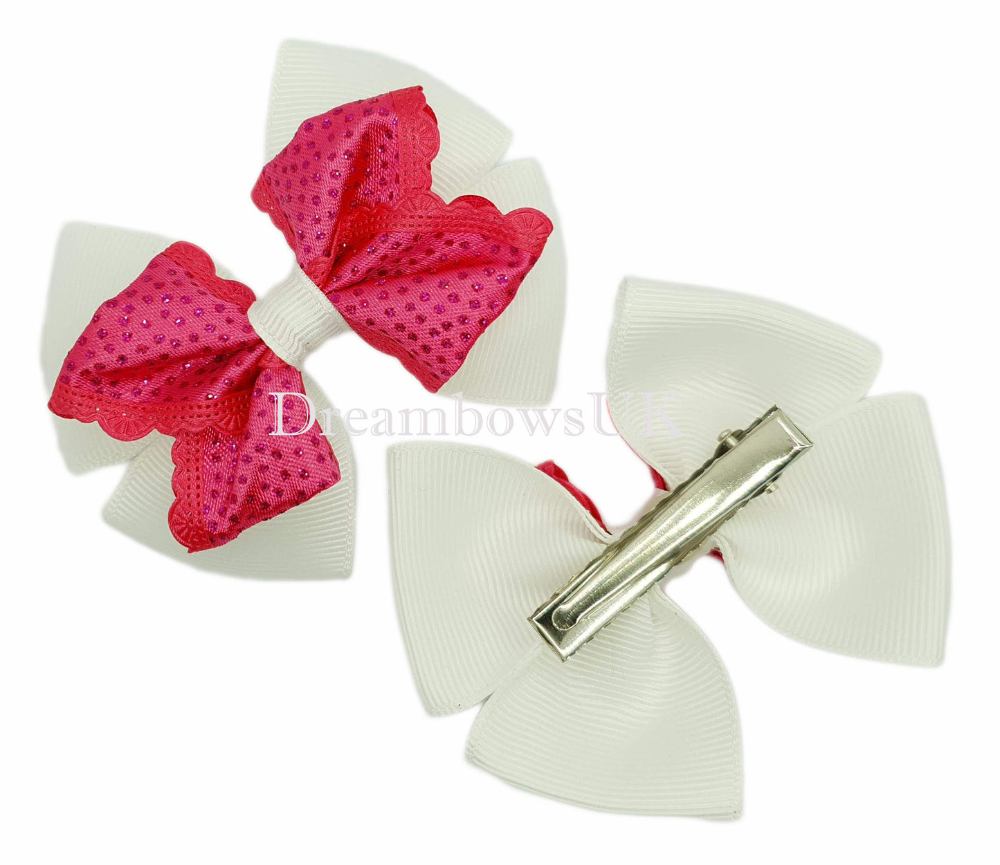 White and Cerise Pink Glitter Hair Bows on Alligator Clips – Pair (8cm x 6cm)