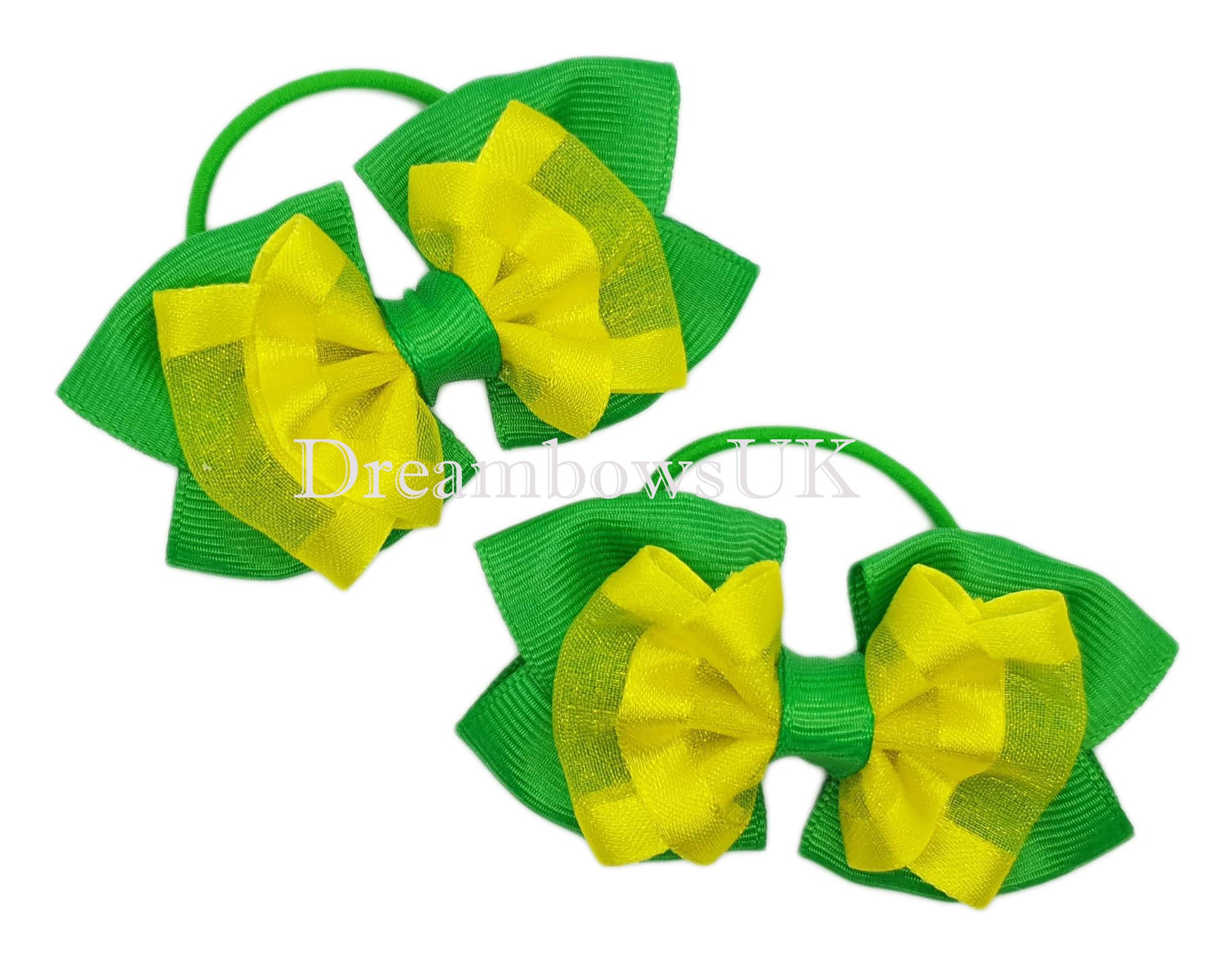 Emerald Green and Yellow Organza Hair Bows on Thin Bobbles – Pair (7cm x 5cm)