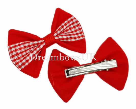 Red Gingham Hair Bows on Alligator Clips – Pair (7cm x 5cm)