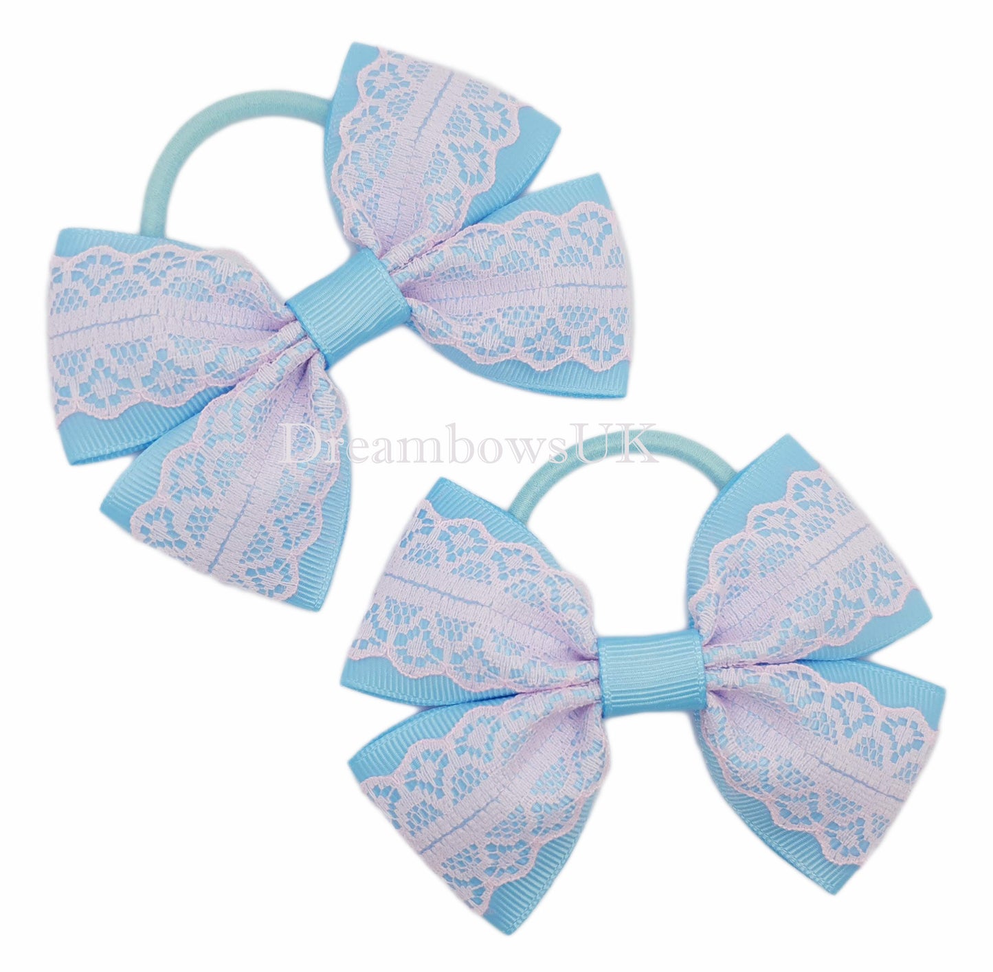 Baby Blue and Baby Pink Hair Bows on Thick Bobbles – Pair (10cm x 7cm)