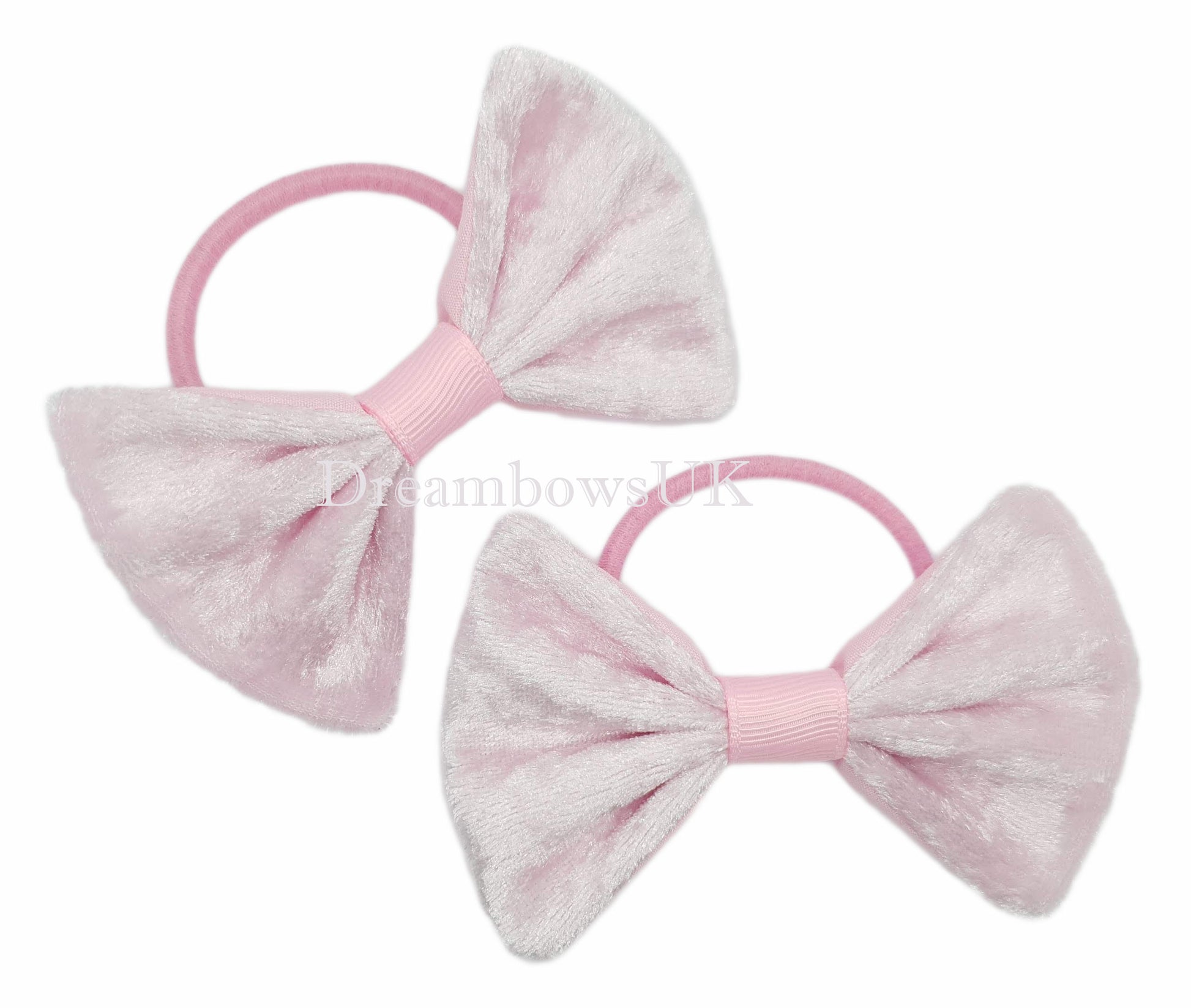 Pale Pink Velvet Fabric Hair Bows on Thick Bobbles – Pair (9cm x 6cm)