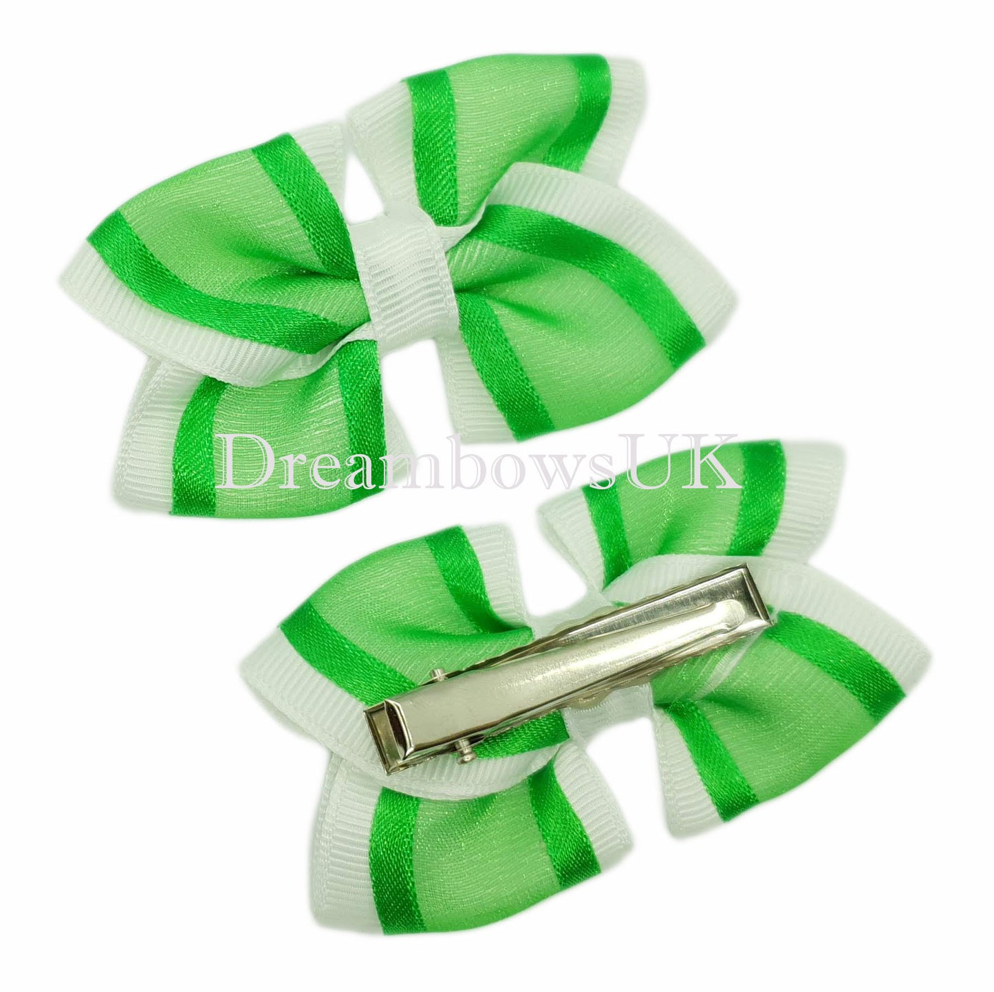 White and Emerald Green Hair Bows on Alligator Clips