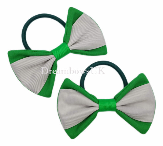 Emerald Green and Silver School Hair Bows on Thick Bobbles