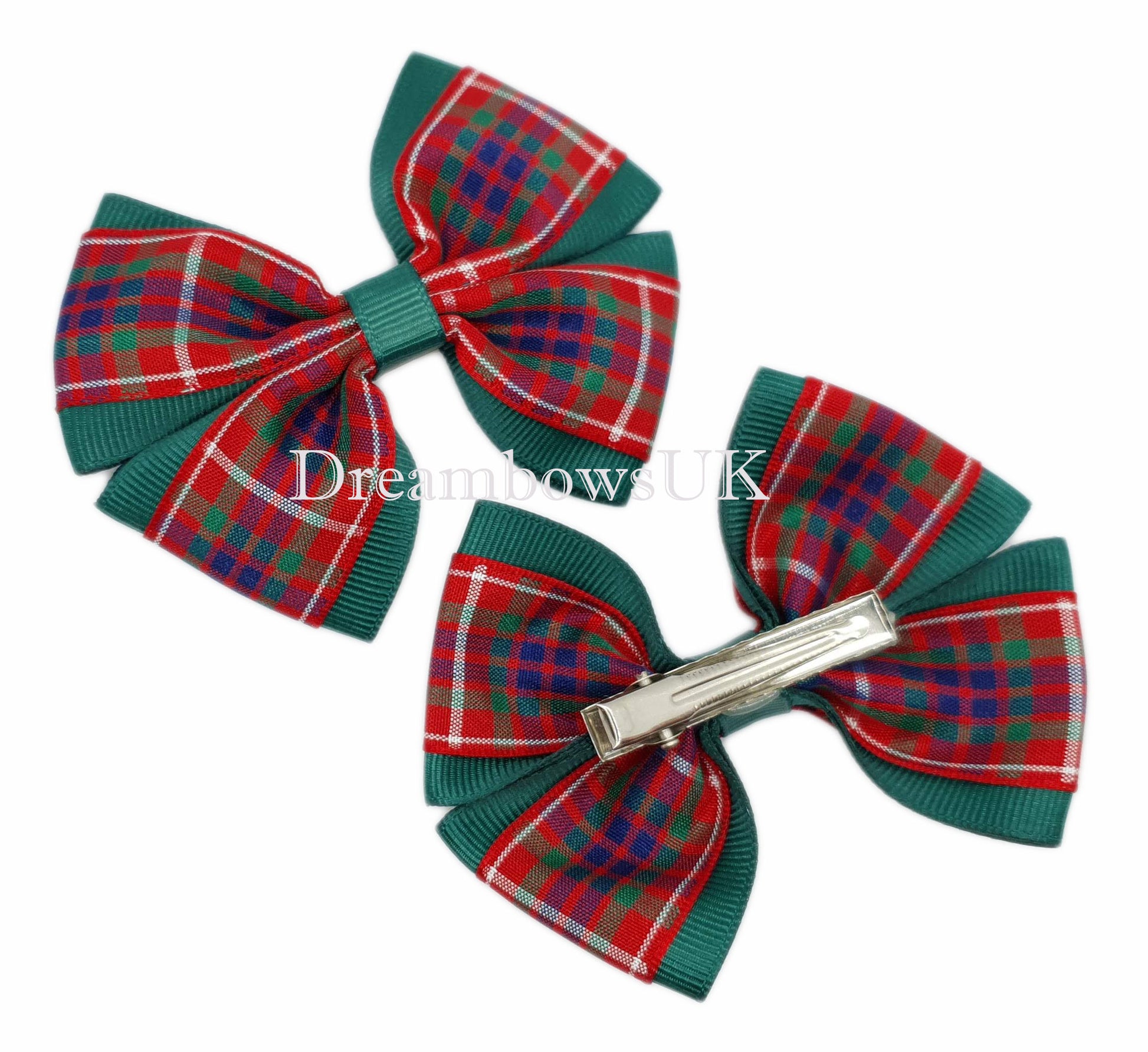 Bottle Green Frazer Tartan Hair Bows on Alligator clips