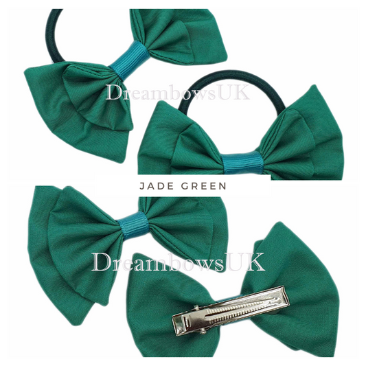 Jade Green Fabric Hair Bows on Thick Bobbles or Alligator Clips – Cotton Fabric, Perfect for School