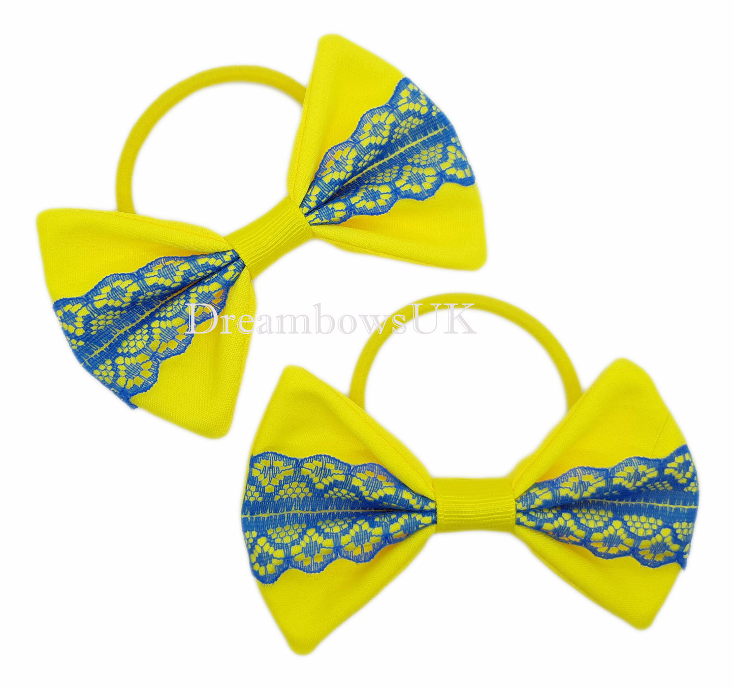 Yellow and Royal Blue Hair Bows on Thick Bobbles or Alligator Clips – Cotton Fabric & Lace