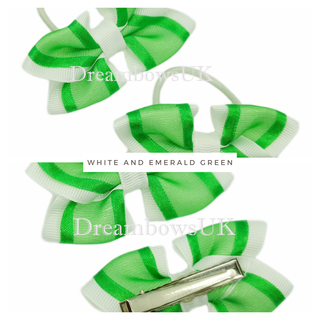 White and Emerald Green Hair Bows on Thin Bobbles or Alligator Clips – Grosgrain & Organza Ribbon