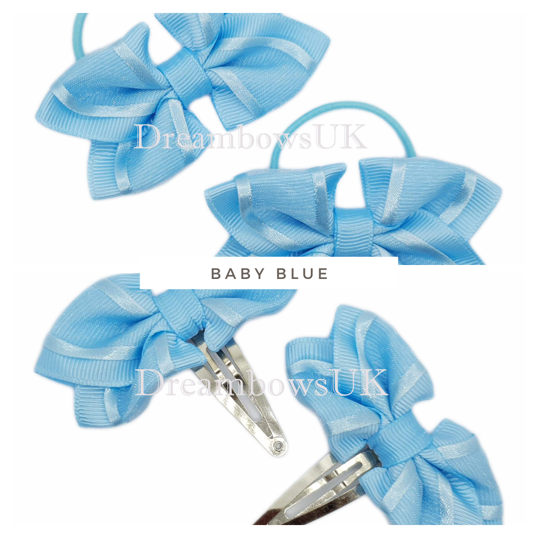 Baby Blue Organza Hair Bows on Thin Bobbles or Snap Clips – Grosgrain & Organza Ribbon