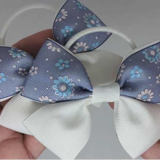 White and Navy Blue Floral Hair Bows on Thick Bobbles – Grosgrain & Floral Organza Ribbon