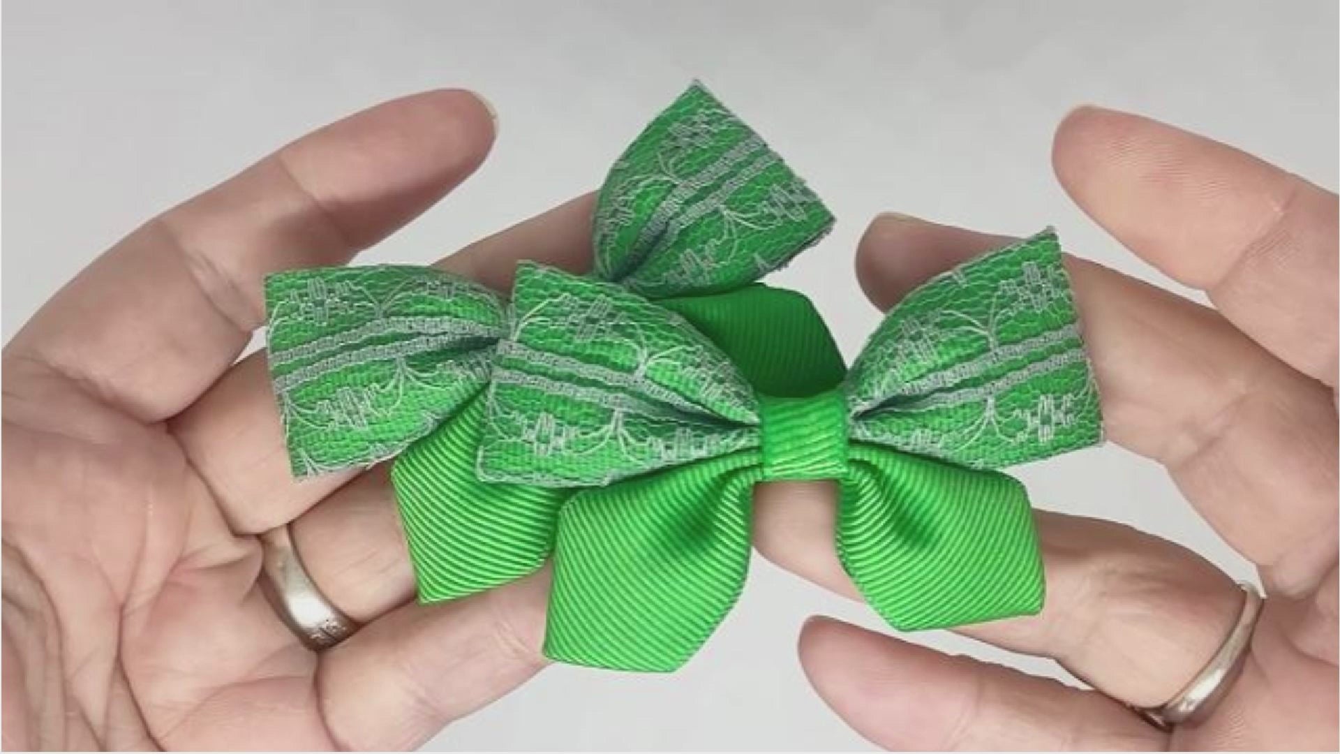 Emerald Green and Grey Lace Hair Bows on Alligator Clips – Grosgrain & Lace Ribbon, One-of-a-Kind