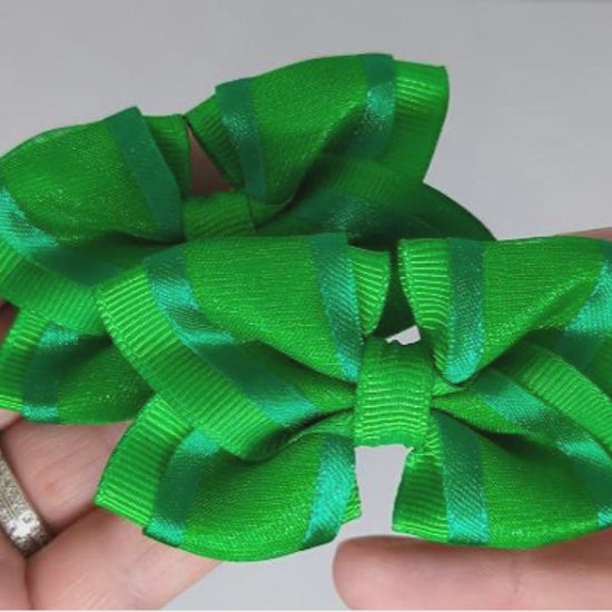 Emerald Green Organza Hair Bows on Alligator Clips – Grosgrain & Organza Ribbon, One-of-a-Kind