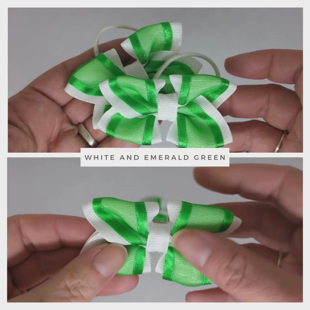 White and Emerald Green Hair Bows on Thin Bobbles or Alligator Clips – Perfect for Unique Styles