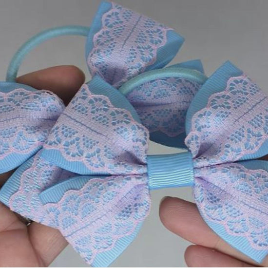 Baby Blue and Baby Pink Hair Bows on Thick Bobbles – Grosgrain & Lace, Ready for Fast Postage