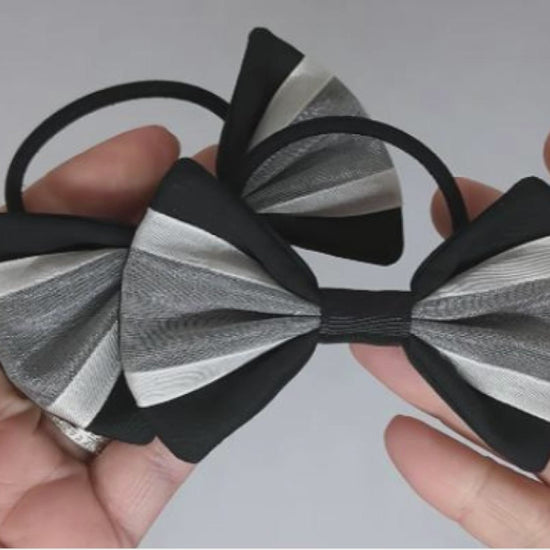 Black and White Organza Hair Bows on Thick Bobbles – Cotton Fabric & Organza Ribbon, One-of-a-Kind