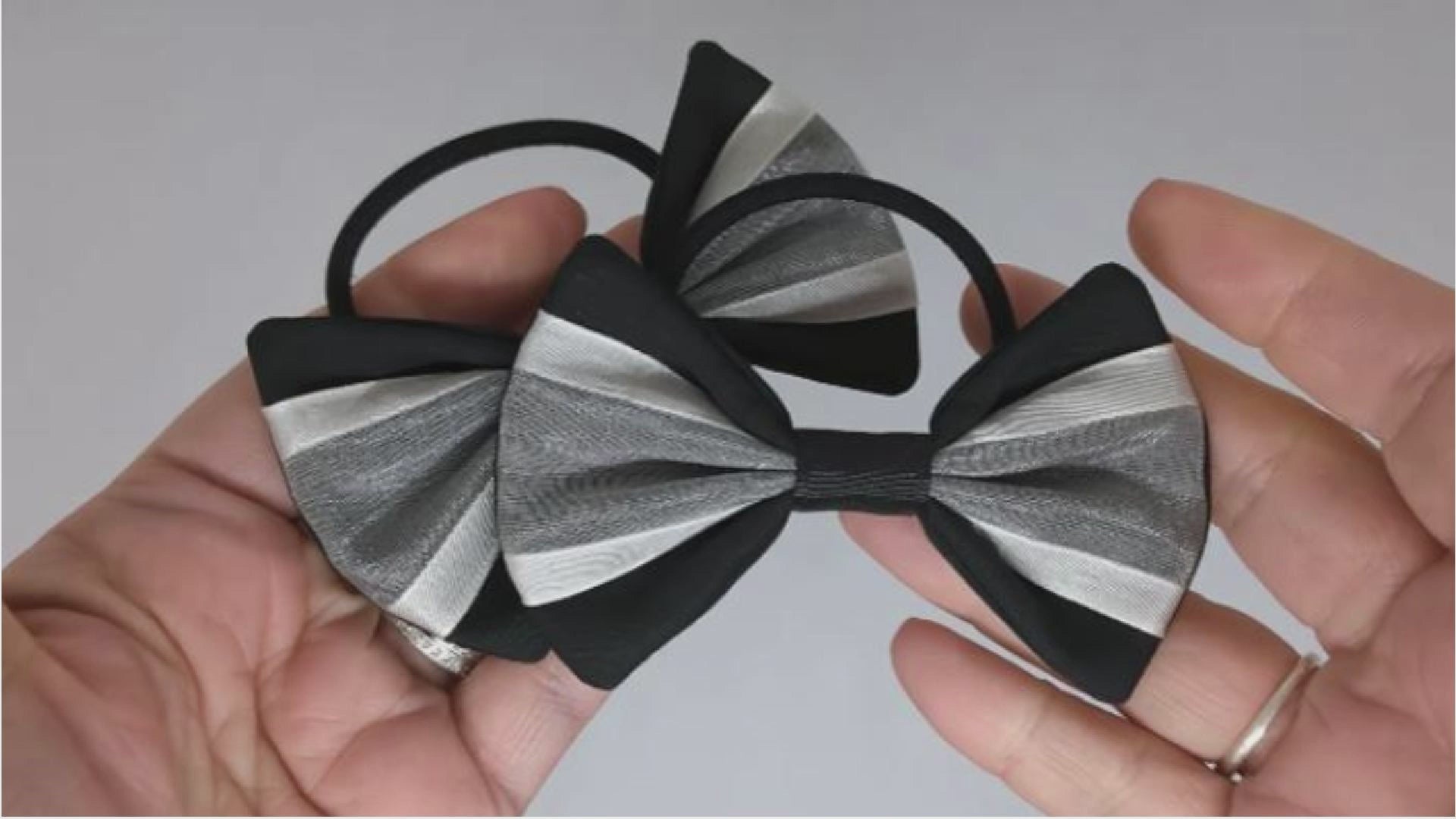 Black and White Organza Hair Bows on Thick Bobbles – Cotton Fabric & Organza Ribbon, One-of-a-Kind