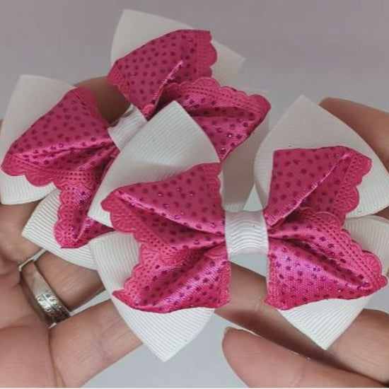 White and Cerise Pink Glitter Hair Bows on Alligator Clips – Perfect for Unique Styles