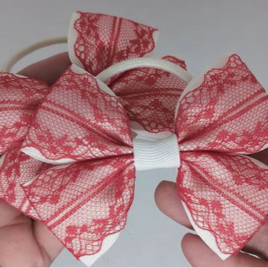 Red and White Lace Hair Bows on Thick Bobbles – Pair (10cm x 7cm)