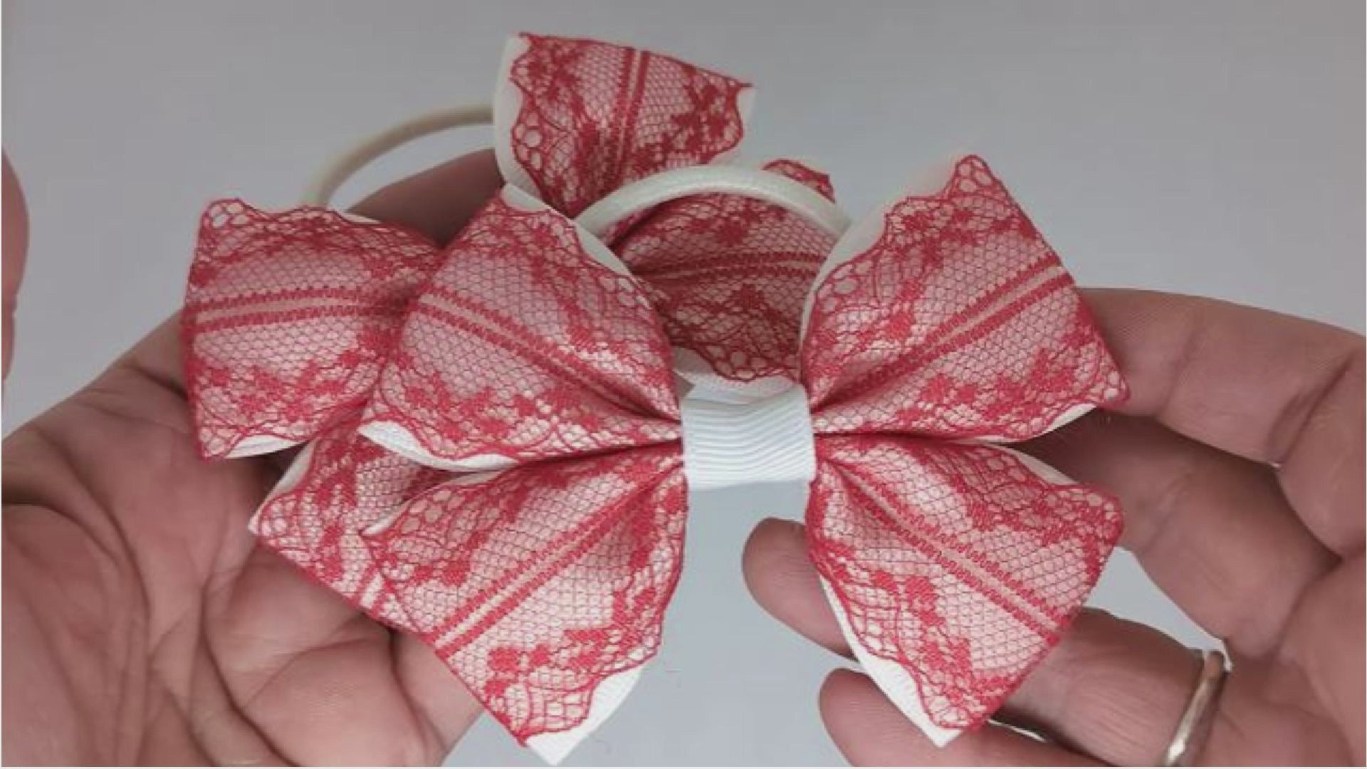 Red and White Lace Hair Bows on Thick Bobbles – Pair (10cm x 7cm)