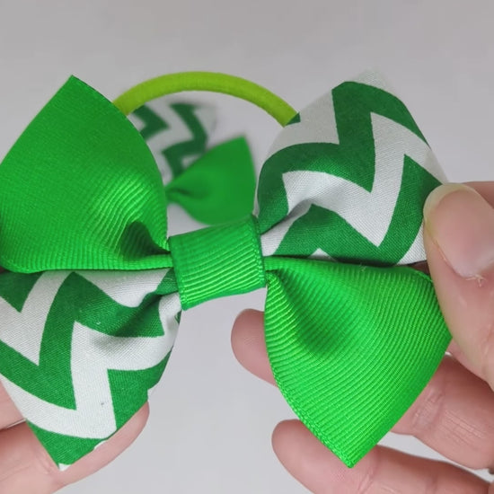 Emerald green and white chevron hair bows on thick bobbles