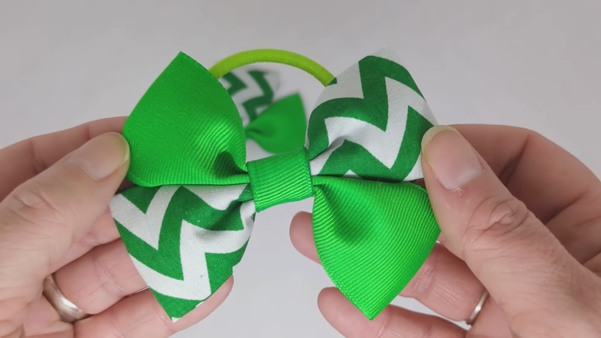 Emerald green and white chevron hair bows on thick bobbles