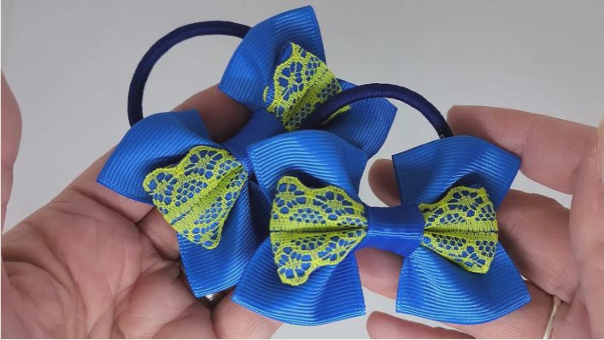 Royal Blue and Yellow Hair Bows on Thick Bobbles – Grosgrain & Lace, One-of-a-Kind School Bows