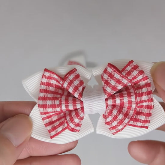 White and Red Gingham Hair Bows on Alligator Clips – Grosgrain & Gingham Ribbon, School Style