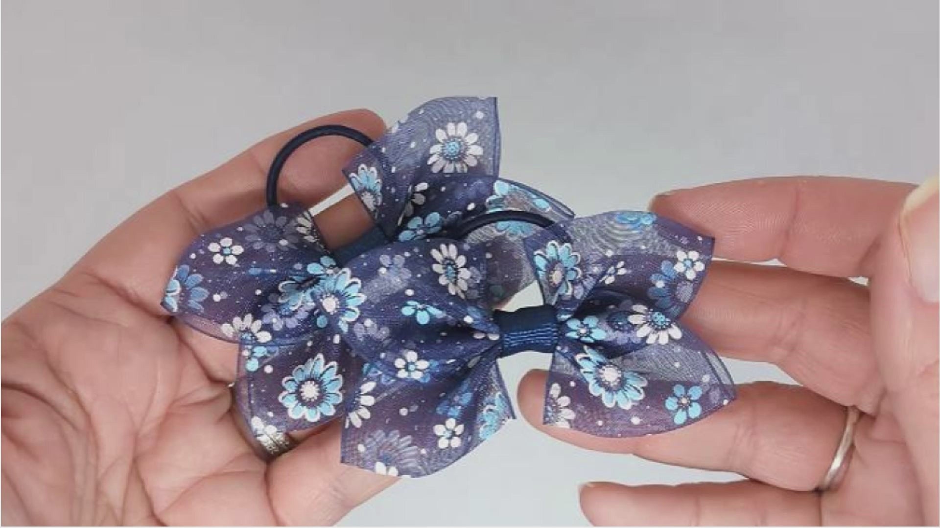 Navy Blue Floral Organza Hair Bows on Thin bobbles: Unique Style for Your Little Girl